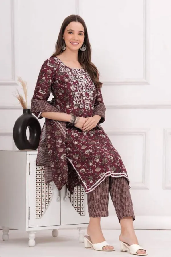 Coffee_Soft_Cotton__Kurta,_Pant_With_Dupatta_Set_For_Women