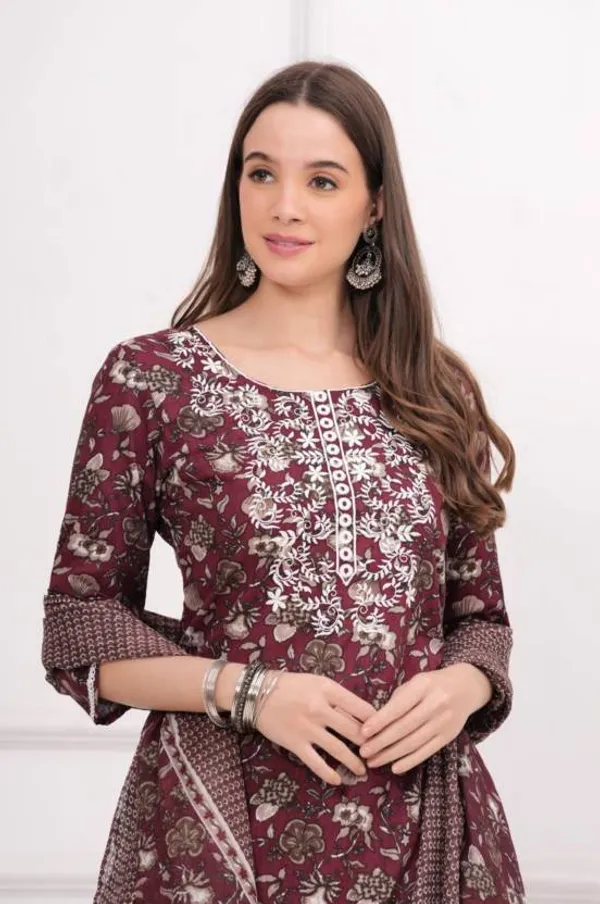 Coffee_Soft_Cotton__Kurta,_Pant_With_Dupatta_Set_For_Women