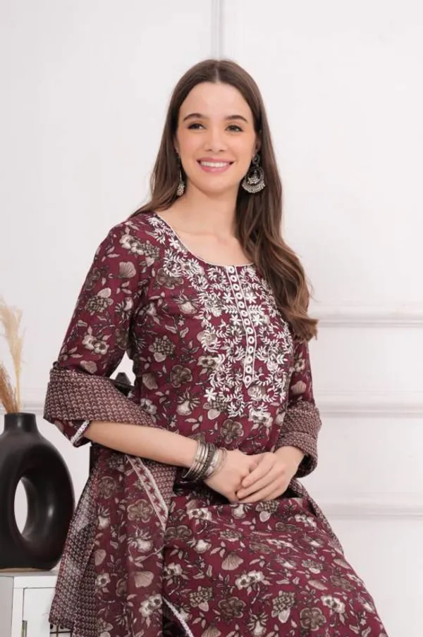 Coffee_Soft_Cotton__Kurta,_Pant_With_Dupatta_Set_For_Women