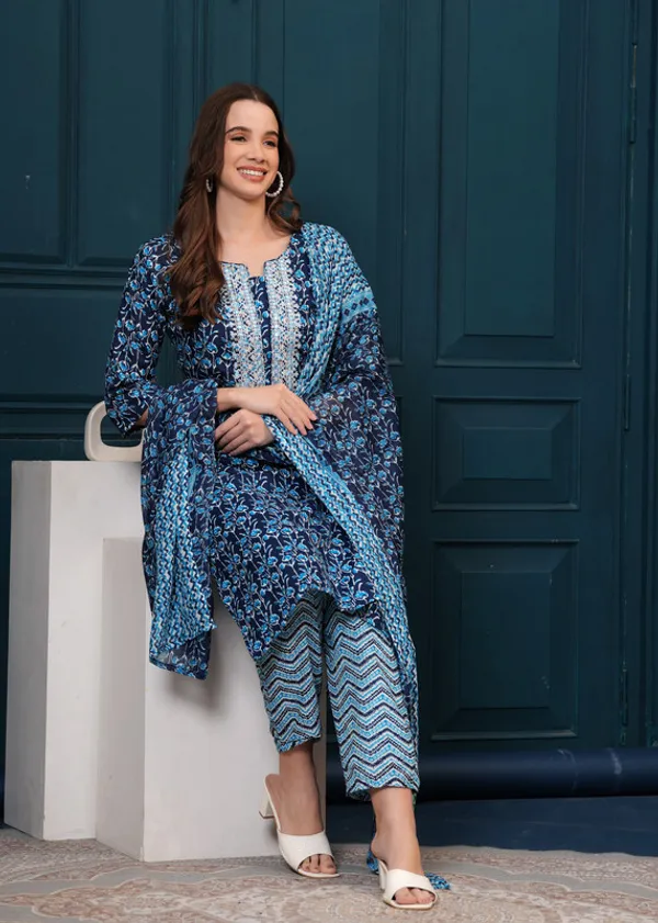 Blue_Cotton_Kurta_Pant_With_Dupatta_Set_For_Women