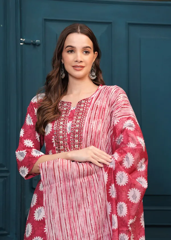 Rust_Cotton_Kurta_Pant_With_Dupatta_Set_For_Women