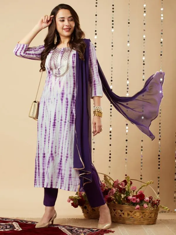 Violet_Shibori_Print_Kurta,_Pant_With_Dupatta_Set_For_Women