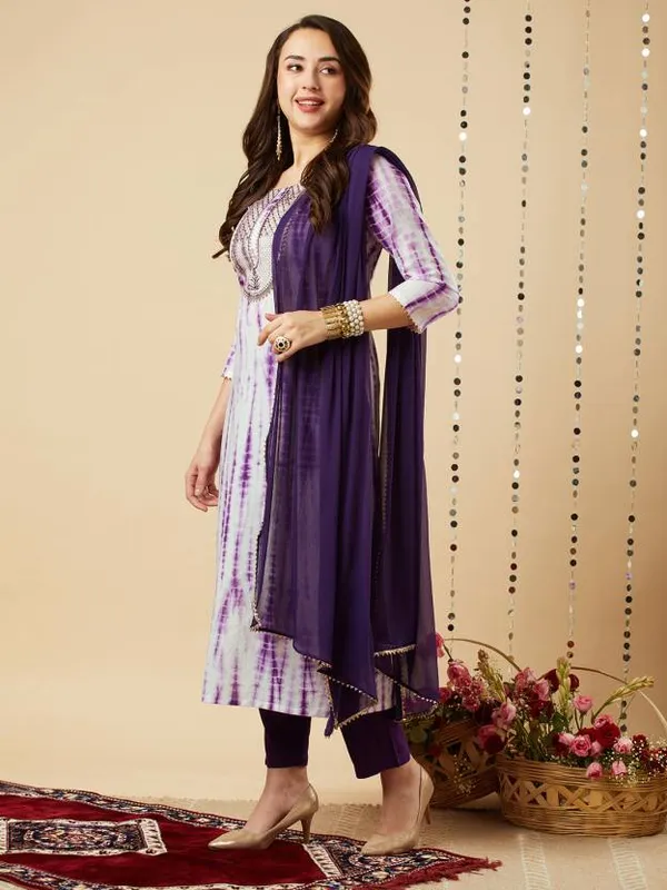 Violet_Shibori_Print_Kurta,_Pant_With_Dupatta_Set_For_Women