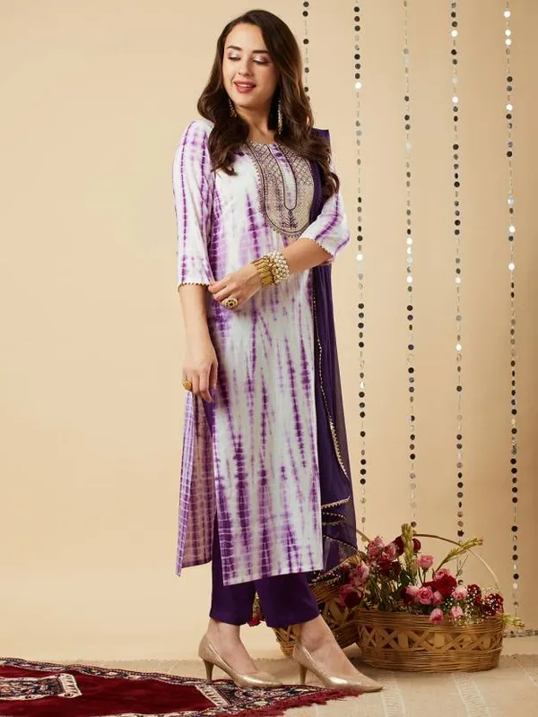 Violet_Shibori_Print_Kurta,_Pant_With_Dupatta_Set_For_Women