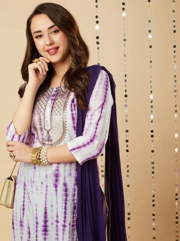 Violet_Shibori_Print_Kurta,_Pant_With_Dupatta_Set_For_Women