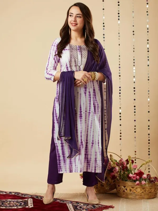 Violet_Shibori_Print_Kurta,_Pant_With_Dupatta_Set_For_Women