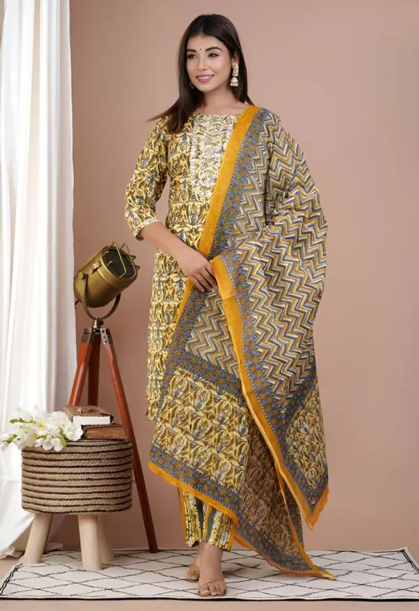 Mustard_Rayon_Viscose_Kurta,_Pant_With_Dupatta_Set_For_Women