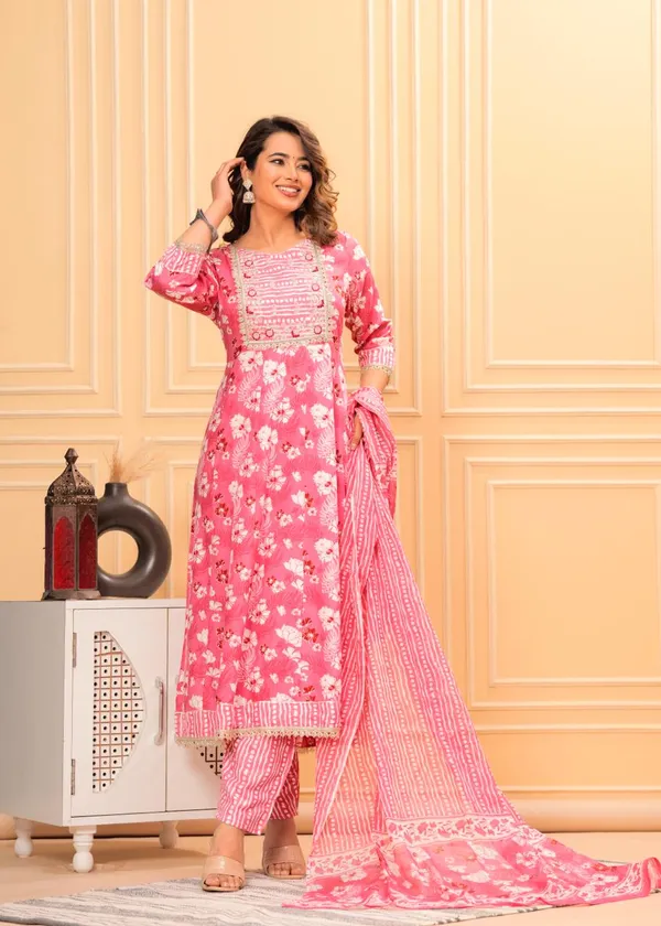 Pink_Rayon_Viscose_Anarkali_Kurta,_Pant_With_Dupatta_Set_For_Women