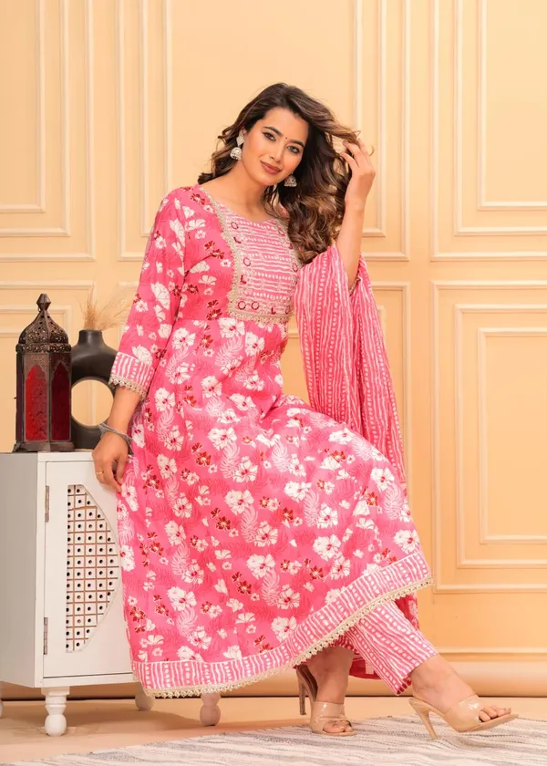 Pink_Rayon_Viscose_Anarkali_Kurta,_Pant_With_Dupatta_Set_For_Women