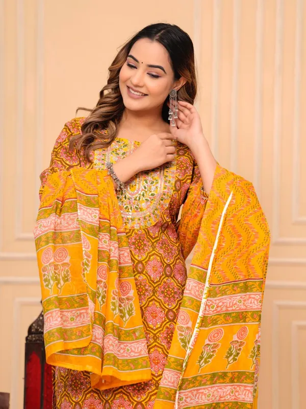 Mustard_Pure_Cotton_Kurta_Pant_And_Dupatta_Set_For_Women