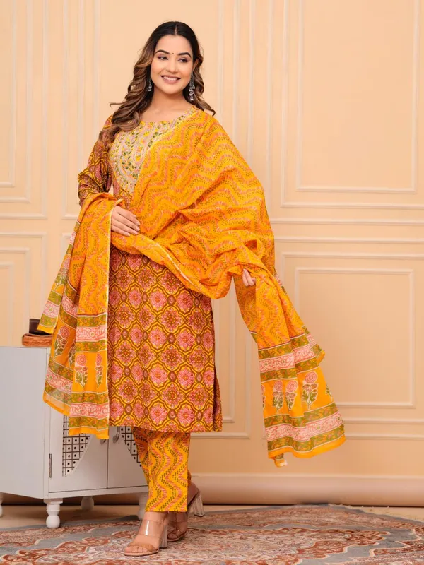 Mustard_Pure_Cotton_Kurta_Pant_And_Dupatta_Set_For_Women