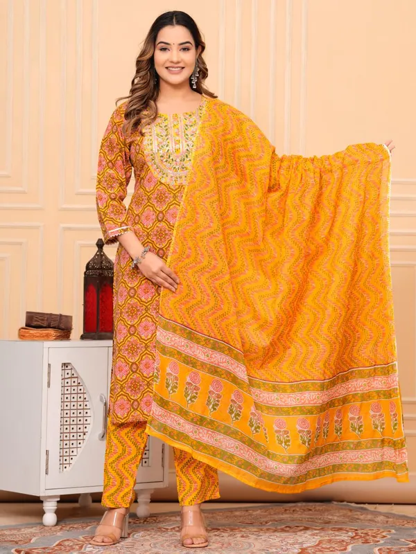 Mustard_Pure_Cotton_Kurta_Pant_And_Dupatta_Set_For_Women