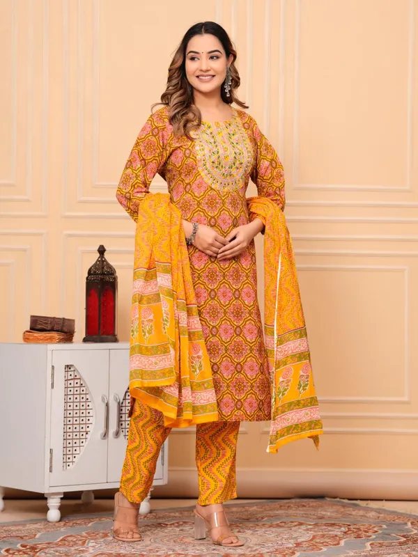 Mustard_Pure_Cotton_Kurta_Pant_And_Dupatta_Set_For_Women