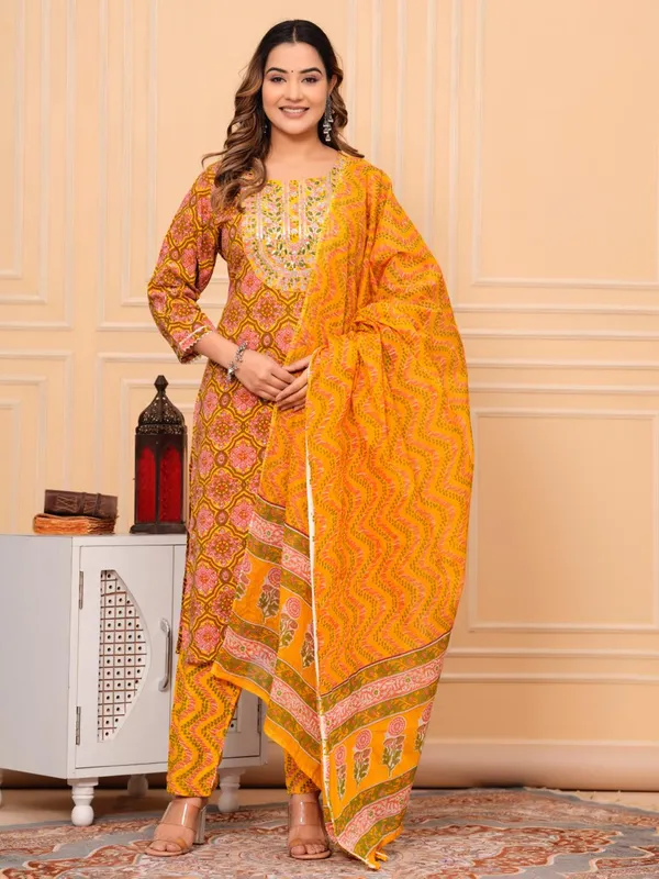 Mustard_Pure_Cotton_Kurta_Pant_And_Dupatta_Set_For_Women