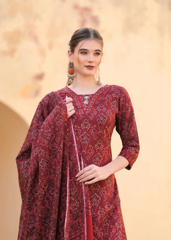 Marron_Rayon_Viscose_Anarkali_Kurta,_Pant_With_Dupatta_Set_For_Women