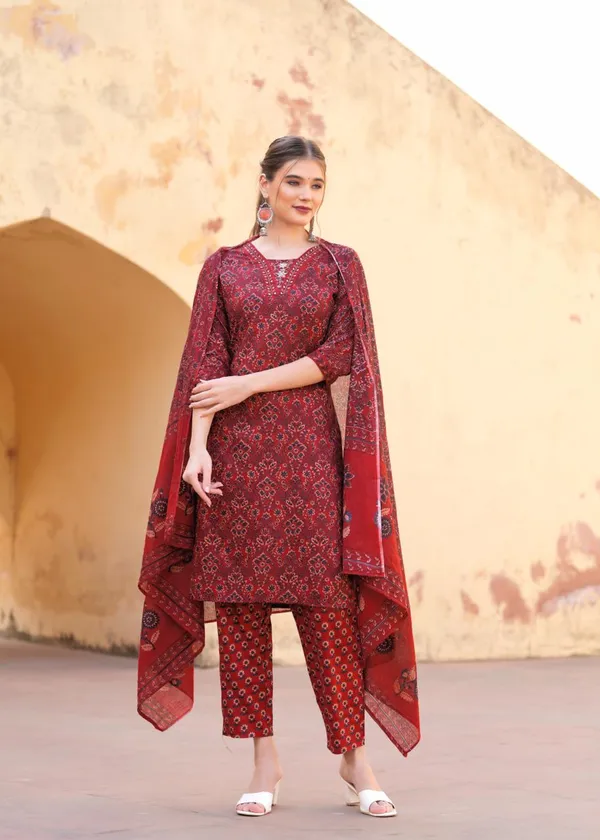 Marron_Rayon_Viscose_Anarkali_Kurta,_Pant_With_Dupatta_Set_For_Women
