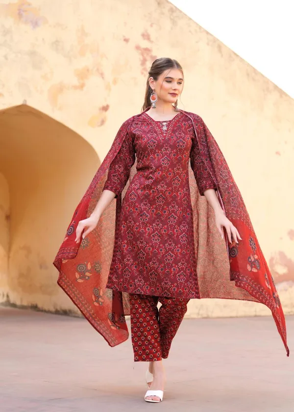 Marron_Rayon_Viscose_Anarkali_Kurta,_Pant_With_Dupatta_Set_For_Women