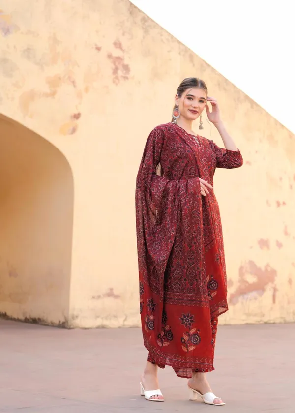 Marron_Rayon_Viscose_Anarkali_Kurta,_Pant_With_Dupatta_Set_For_Women