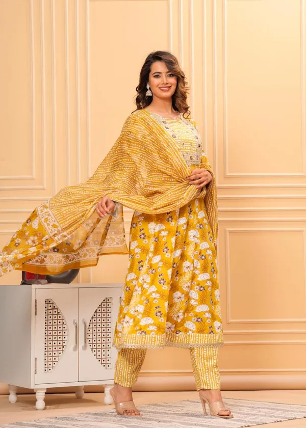 Mustard_Rayon_Viscose_Anarkali_Kurta,_Pant_With_Dupatta_Set_For_Women