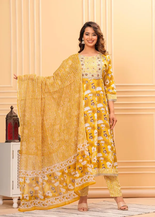 Mustard_Rayon_Viscose_Anarkali_Kurta,_Pant_With_Dupatta_Set_For_Women