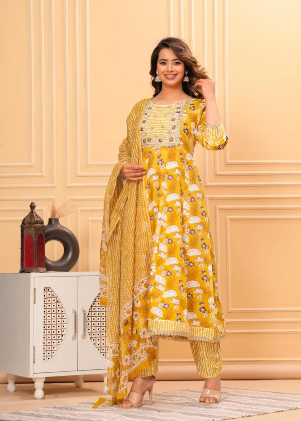 Mustard_Rayon_Viscose_Anarkali_Kurta,_Pant_With_Dupatta_Set_For_Women