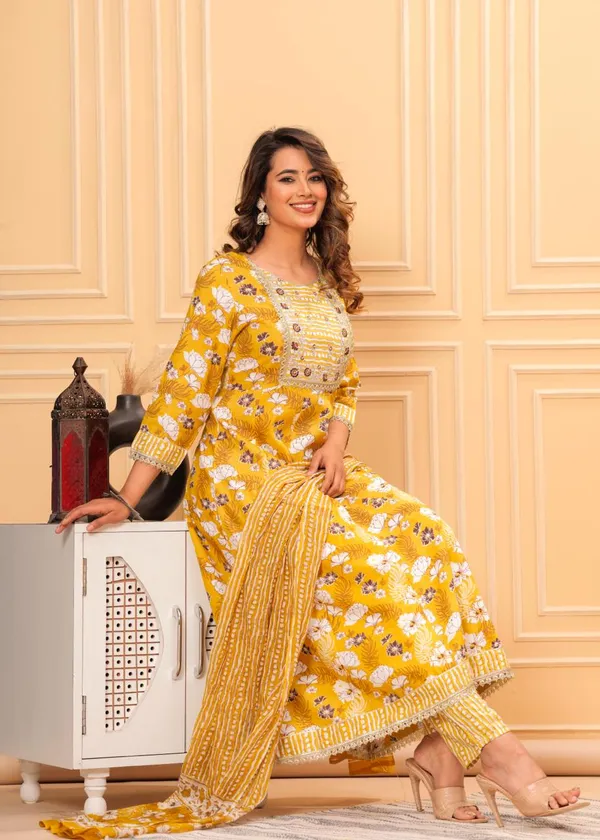 Mustard_Rayon_Viscose_Anarkali_Kurta,_Pant_With_Dupatta_Set_For_Women