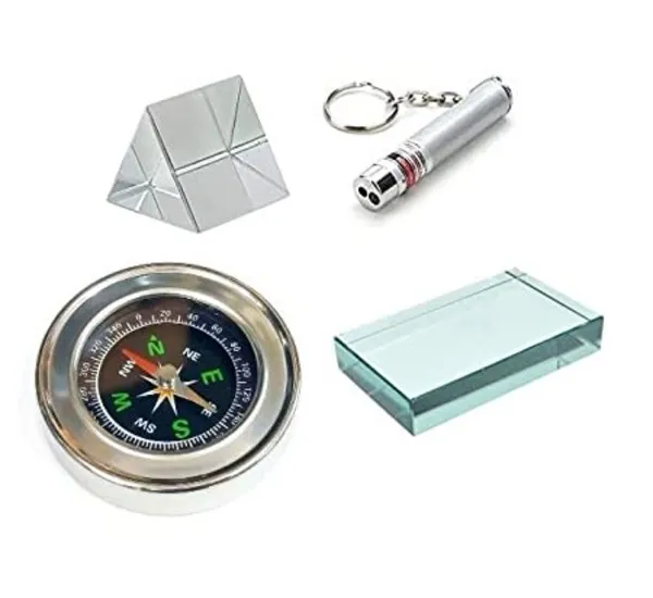 75mm_Compass_DIY_Kit_Science_with_Equilateral_Glass_Prism_50mm,_Rectangular_Glass_Slab,_Laser_Light_and_75mm_Diameter_Magnetic_Direction_Compass_for_Physics_Science_lab_Experiment