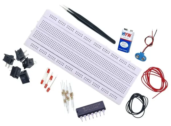Best_DIY_Logic_Gates_kit_for_school_students_Easy_to_assemble_NOT_Logic_Gate_science_Project_on_Bread_Board_Package_Including:_Bread_Board,_9v_Battery,_Battery_Connector,_Black_Switch,_Led_Bulb,_Connecting_Wire_Red/Black,_Resistor,_NOT_Gate_IC_7404_,_Tweezer._This_DIY_Kit_can_be_used_to_assemble_NOT_Gate_Science_Project_Refer_YouTube_Link_for_more_information:_NOT_https://youtube.com/shorts/rn5AdzdotcY?feature=share_https://youtube.com/shorts/QzC_I2vbzSE?feature=share
