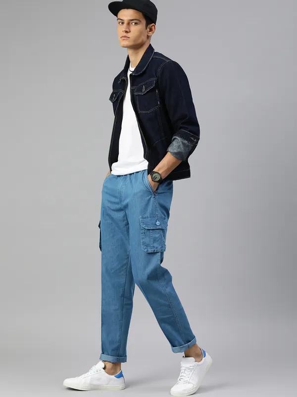 Flat-Front_Cargo_Pants_with_Elasticated_Waist_for_Men_|_Blue