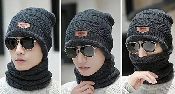 Steel-Grey_Men's_and_Women's_Fur_Wool_Knit_Hat_Thick_Fleece_Lined_Winter_Beanie_Cap_with_Neck_Warmer_Set_(Steel_Grey,_Free_Size)_|_Steel-Grey