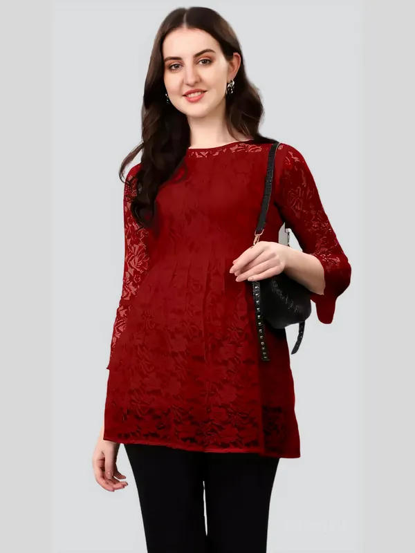Maroon_Primiuam_Russel_Net_With_Crepe_Inner_Bell_Sleeve_Tops