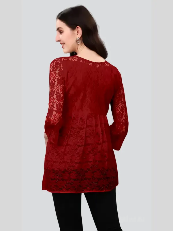 Maroon_Primiuam_Russel_Net_With_Crepe_Inner_Bell_Sleeve_Tops