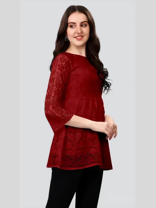 Maroon_Primiuam_Russel_Net_With_Crepe_Inner_Bell_Sleeve_Tops