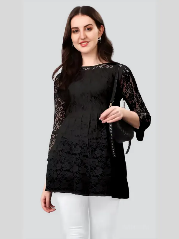 Black_Primiuam_Russel_Net_With_Crepe_Inner_Bell_Sleeve_Tops