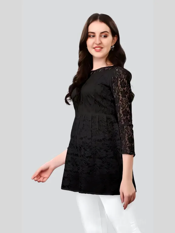 Black_Primiuam_Russel_Net_With_Crepe_Inner_Bell_Sleeve_Tops