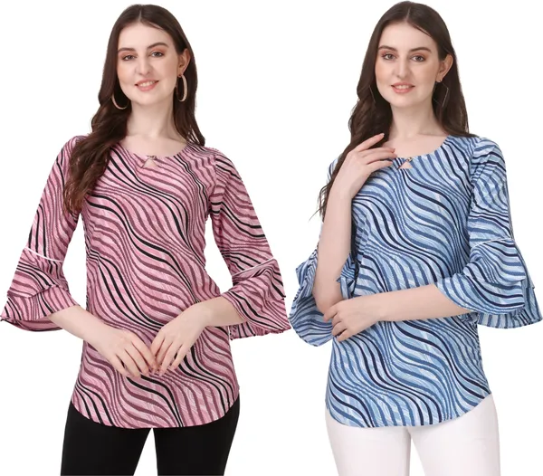 Peach_&_Blue_Crepe_Stripe_Printed_Bell_Sleeve_Combo_Tunic_Tops
