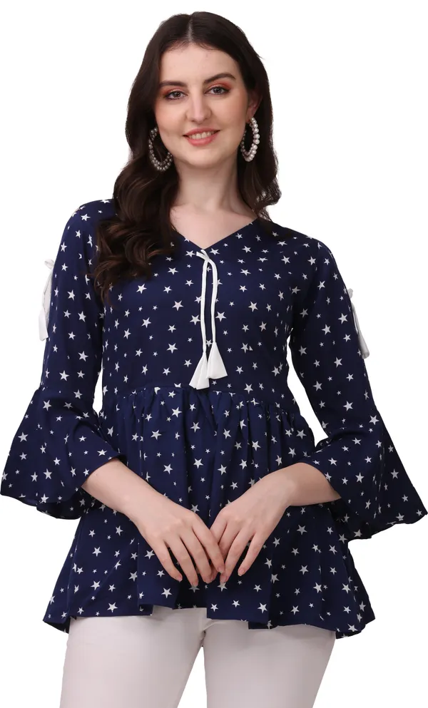 White_&_Blue_Crepe_Star_Printed_Bell_Sleeve_With_V-Neck_Combo_Tunic_Tops