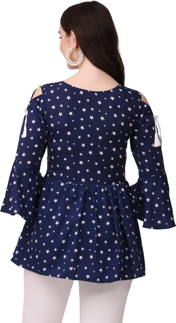 White_&_Blue_Crepe_Star_Printed_Bell_Sleeve_With_V-Neck_Combo_Tunic_Tops