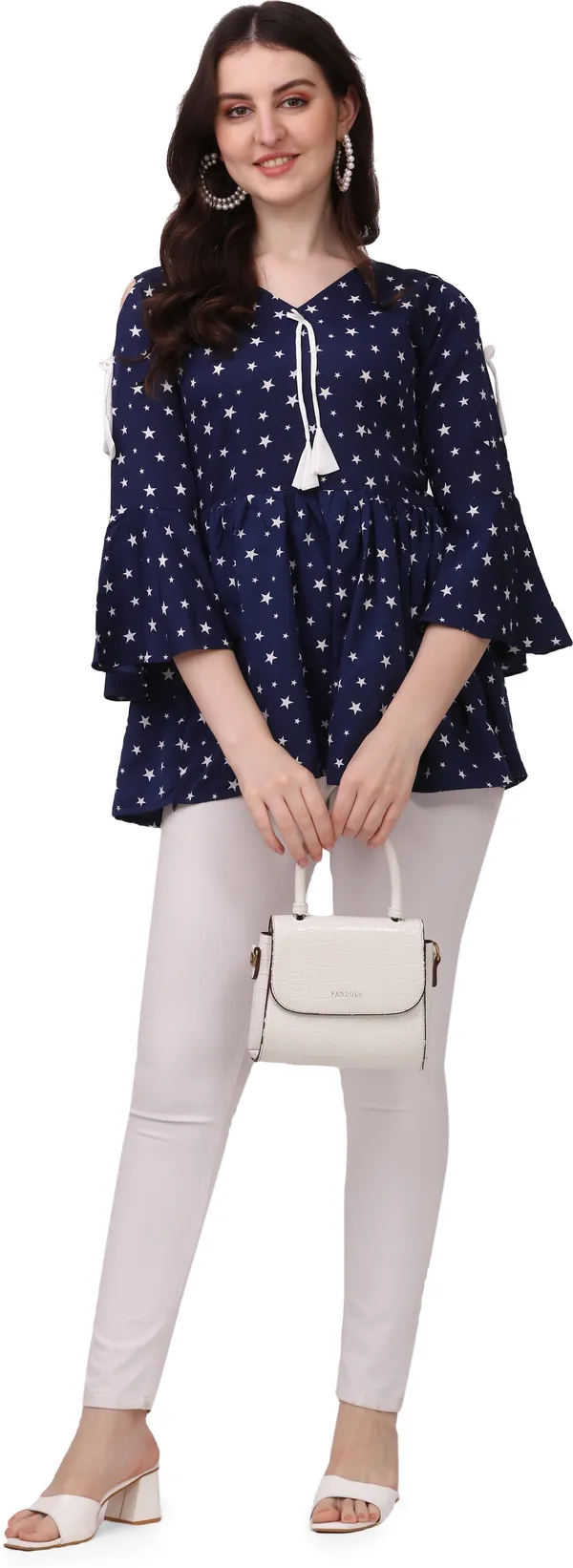 White_&_Blue_Crepe_Star_Printed_Bell_Sleeve_With_V-Neck_Combo_Tunic_Tops