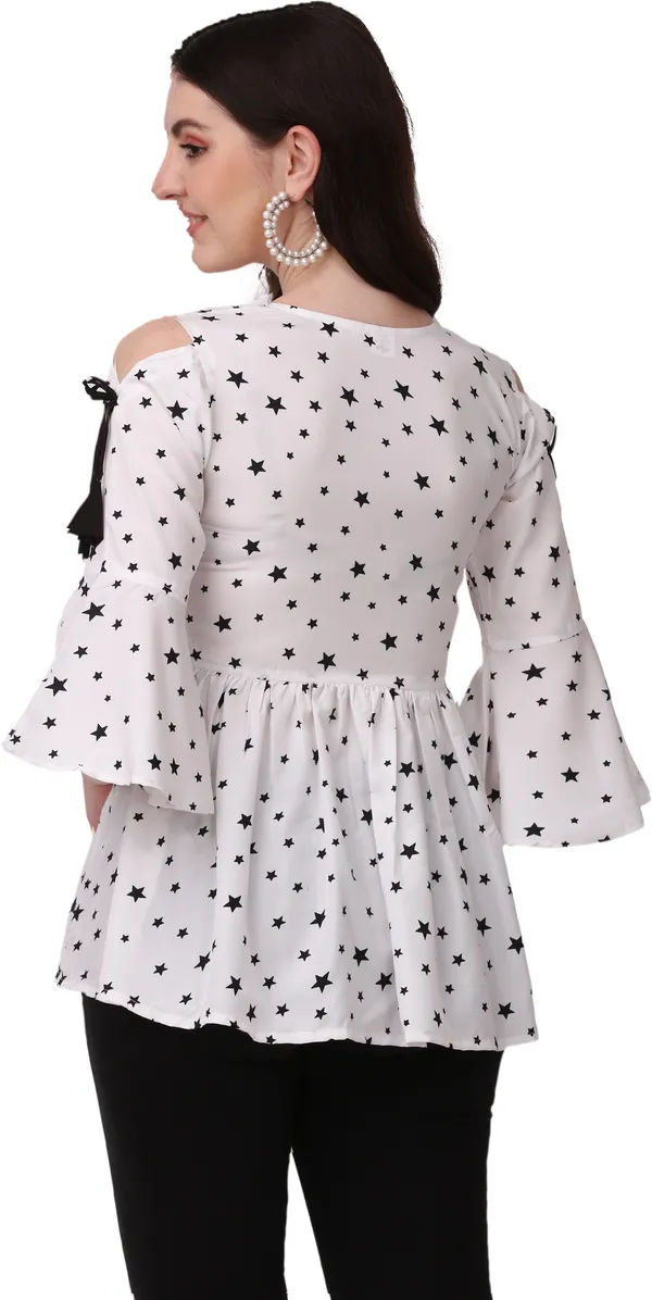 White_&_Blue_Crepe_Star_Printed_Bell_Sleeve_With_V-Neck_Combo_Tunic_Tops