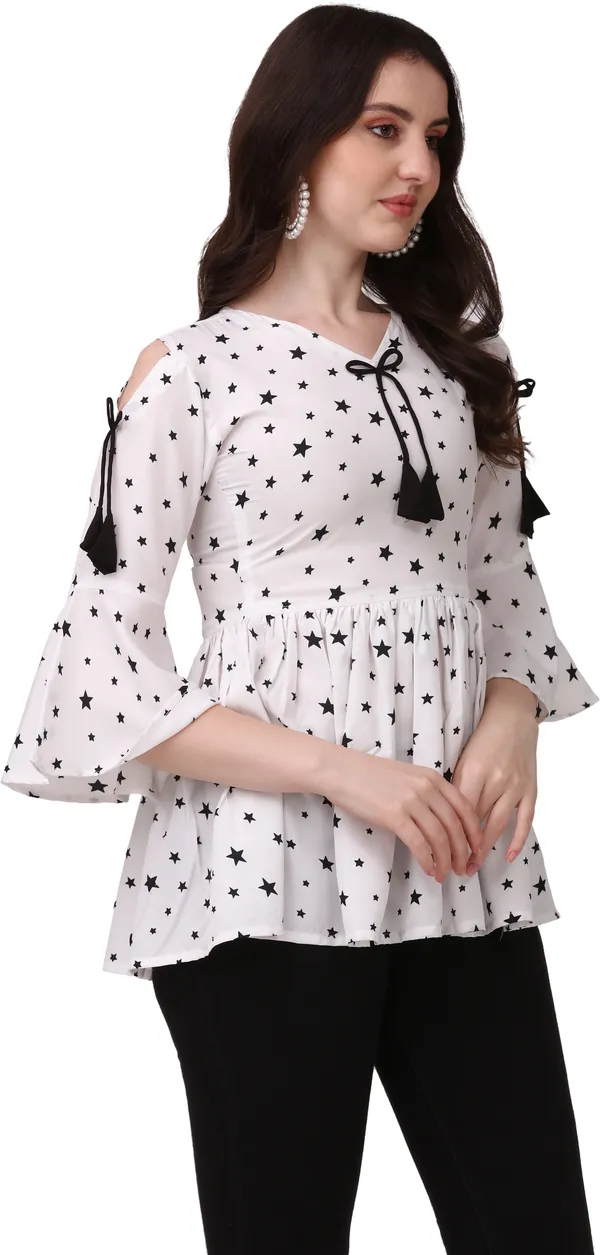 White_&_Blue_Crepe_Star_Printed_Bell_Sleeve_With_V-Neck_Combo_Tunic_Tops