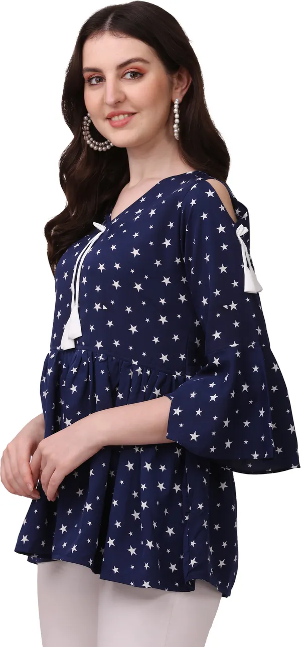 White_&_Blue_Crepe_Star_Printed_Bell_Sleeve_With_V-Neck_Combo_Tunic_Tops