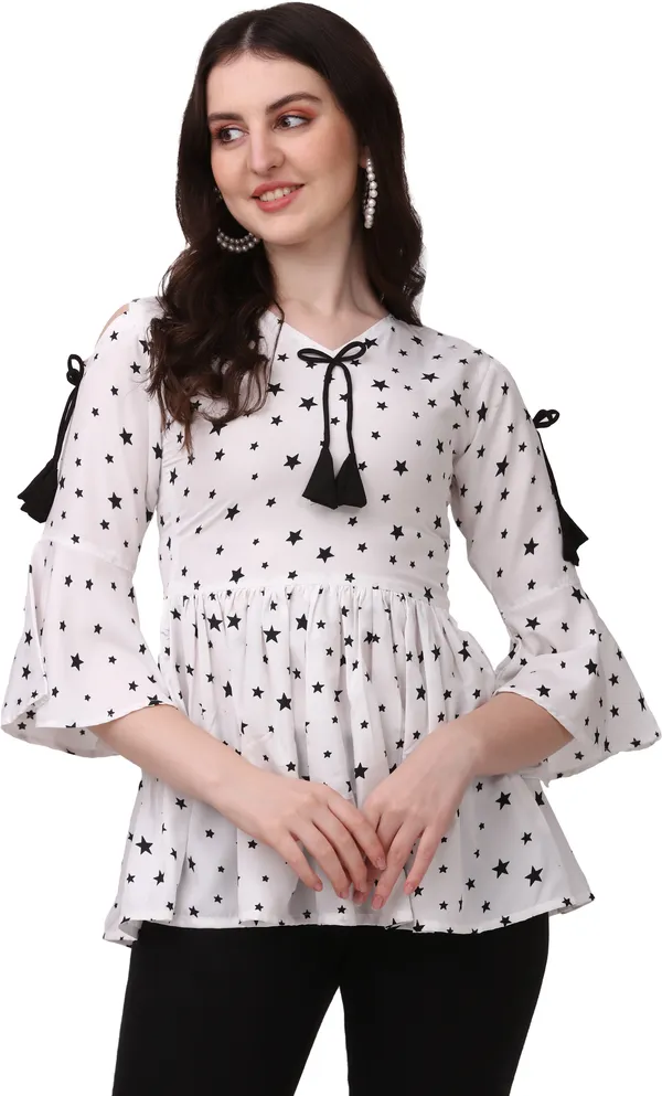White_Crepe_Star_Printed_Bell_Sleeve_With_V-Neck_Tunic_Tops