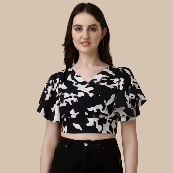 Black_Crepe_Floral_Pattern_Trendy_V-Neck_Crop_Tops