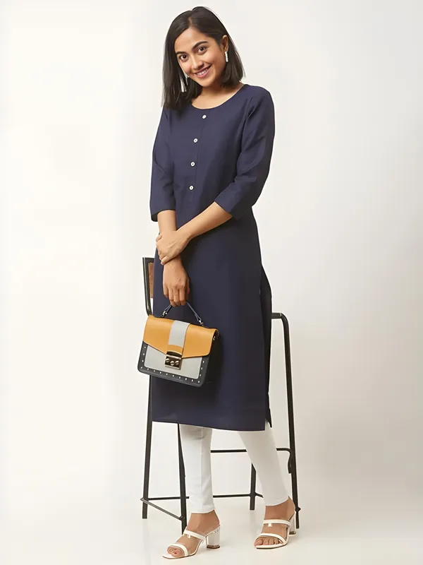 Blue_Premium_Cotton_Blend_Solid_Straight_Kurtis_With_Pocket