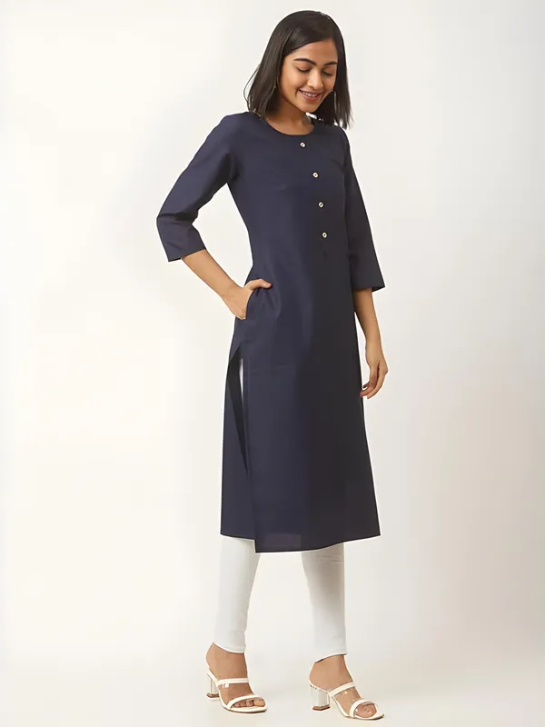 Blue_Premium_Cotton_Blend_Solid_Straight_Kurtis_With_Pocket