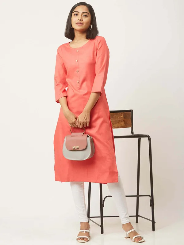 Peach_Premium_Cotton_Blend_Solid_Straight_Kurtis_With_Pocket