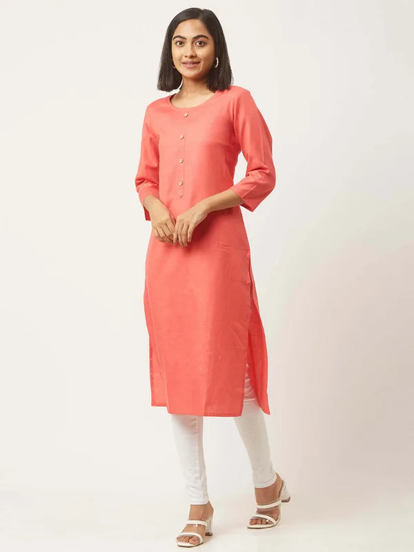 Peach_Premium_Cotton_Blend_Solid_Straight_Kurtis_With_Pocket