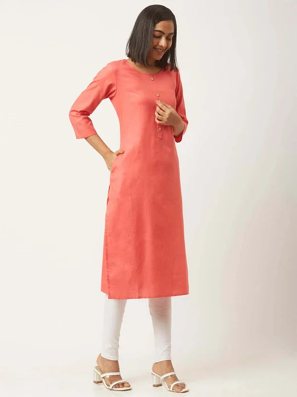 Peach_Premium_Cotton_Blend_Solid_Straight_Kurtis_With_Pocket