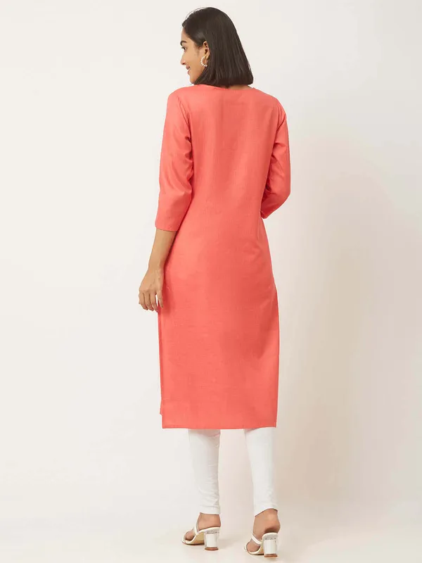 Peach_Premium_Cotton_Blend_Solid_Straight_Kurtis_With_Pocket
